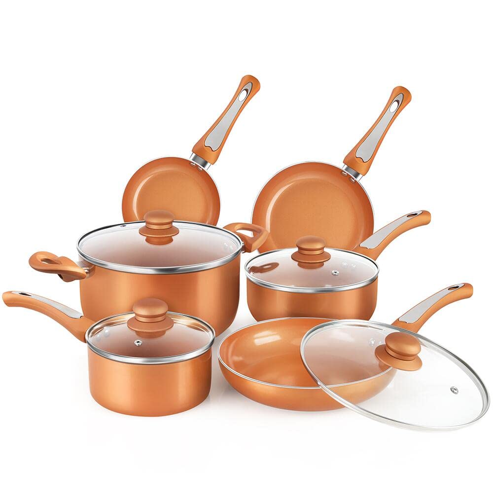 FGY 10 Pieces Nonstick Pots and Pans Copper Cookware Set with Induction Bottom, Perfect for Fry, Grill, Roast, Steam, Sauce, Stews, Pasta - Dishwasher Safe (Copper)