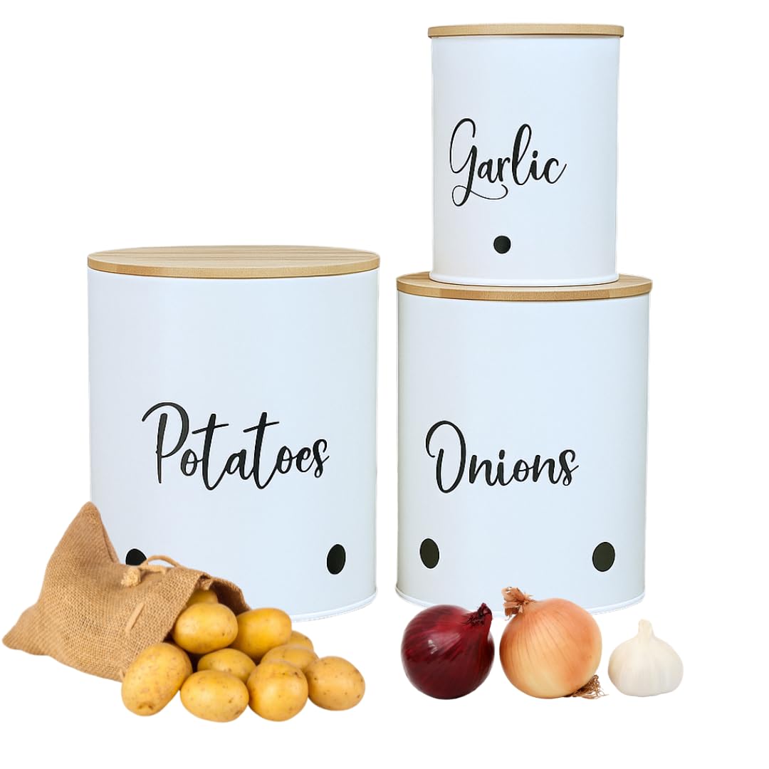 Trendi 3 Pack Vegetable Storage Tins – Stackable White Round Metal Canisters for Potato, Onion & Garlic – Kitchen Pantry Organizer Jars with Bamboo Lids & Air Vents – Cylindrical Fresh Keeper Caddies