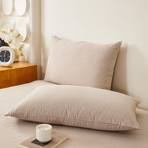 Image of Mini Gingham Brown Duvet Cover King 100% Washed Cotton Bedding Set Like Linen Soft Breathable 3 Piece Classic Plaid Checkered Comforter Cover Set (King 104 inchx90 inch, Comforter Not Included)
