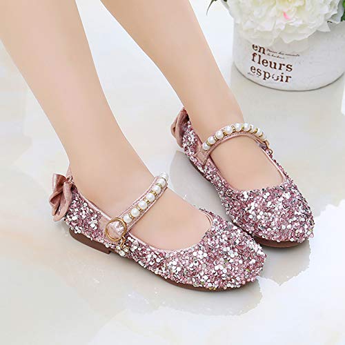OMEARK Girls Princess Shoes, Fashion Sparkle Sequins Party Dress-Up Shoes, Summer Round Toe Shiny Dancing Shoes Breathable Low Heel Glitter Pearls Single Shoes2