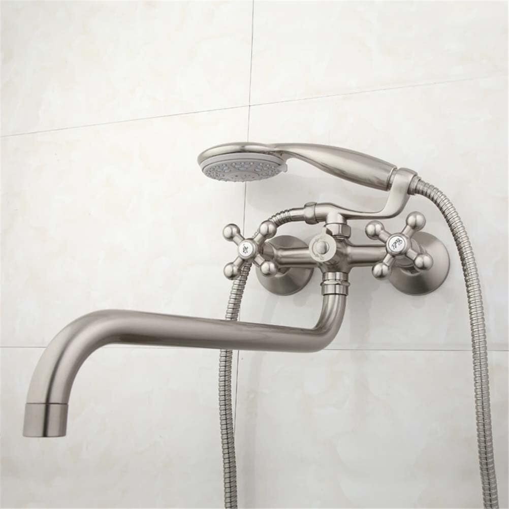 JYBNBBE Bathtub Faucet with Shower Wall Mounted Brass Tub Taps Double Cross Handle 36cm Long Nose Water Outlet Bathroom Mixer and Basin Tap Set (Brushed Nickel)