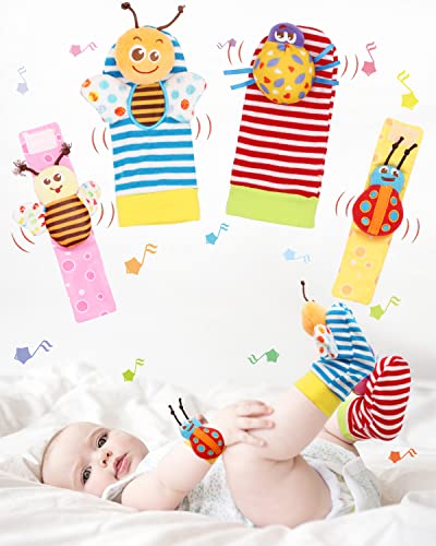 Image of Wrist Rattle Foot Finder Sock for 0-36 Months Baby Boys and Girls, Newborn Baby Soft Hand & Feet Rattle 0-3 Years, Arm Leg Babies Development Toys for Infant Bebe (MBR-4 PCS)