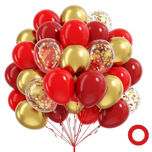 60pcs Red and Gold Balloons 12inch Dark Red Metallic Gold Confetti Christmas Balloons for Birthday Christmas Party Decorations for Women