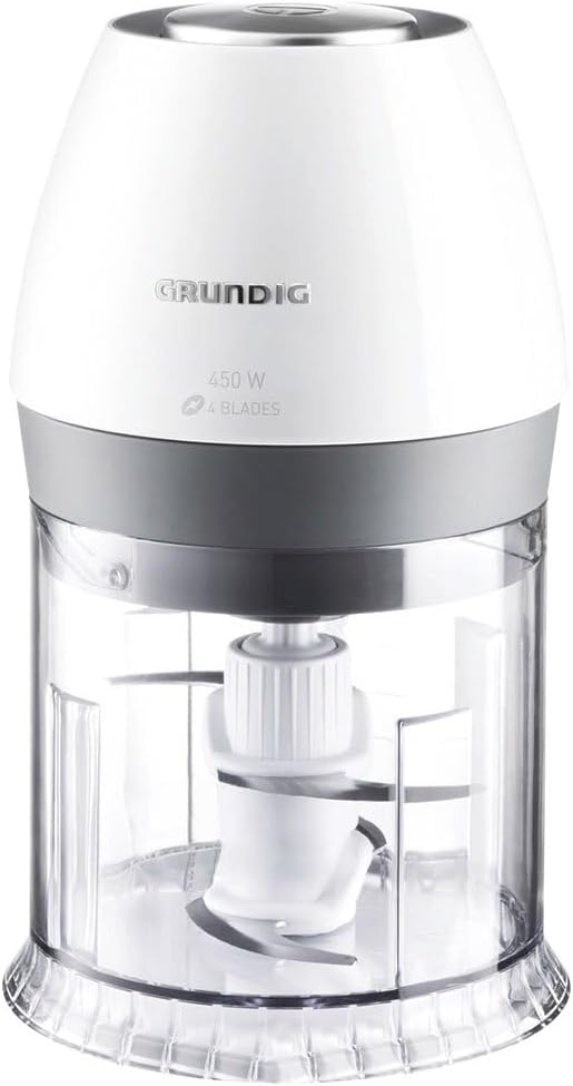 GRUNDIG Food Processor, 1.0 kg, 450.0 watts, White, Stainless Steel & Glass, Safety Lock, 1 speed, Dishwasher Safe, Includes Lid, 1 piece, 50.0 mg display weight, 1 unit, Food Processing