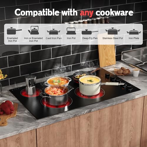 Image of Karinear 36 Inch Electric Cooktop Knob Control 5 Burners Radiant Stove Top | Hardwired 220-240V, No Plug, Built-in Design, Perfect for the elderly, 9 Power Levels, Residual Heat Indicator, 8400W, 40A