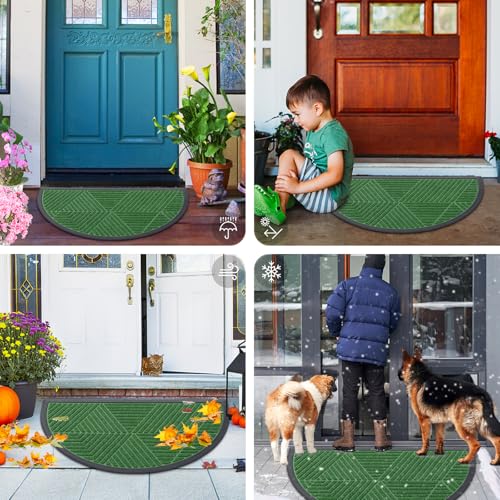Image of Smiry Half Circle Front Door Mat Outside Entrance, Heavy Duty Sturdy Natural Rubber Doormat, Trap Dirt and Moisture, Low Profile Mats for Indoor Outdoor Entry, Irregular Triangle (29.5x17, Green)