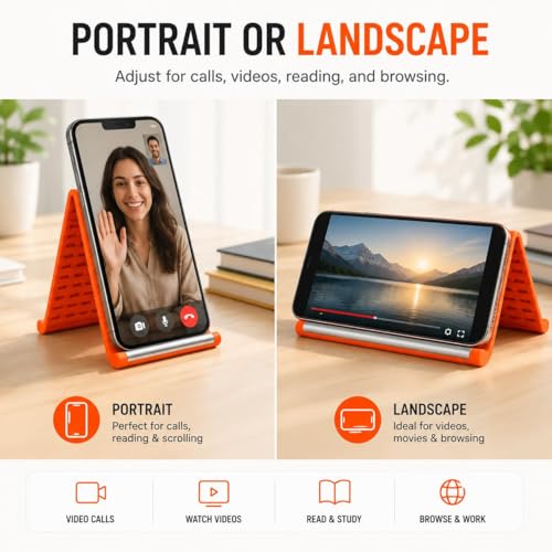 Image of Flexible Silicone Phone Stand, Multi-Angle Adjustable Cell Phone Holder, Portable Phone Stand for Desk, Compatible with iPhone, iPad, Tablet, Laptop, for Home, Office, Gaming (Orange /Black)