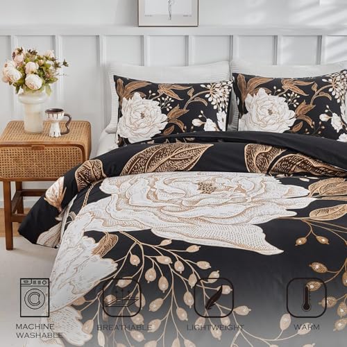 Image of MKXI Bold Floral Black Duvet Cover Queen Bedding Set Luxurious Premium Cotton Comforter Cover Vintage Gothic Style Gold and Black Boho Duvet Cover for Men and Women All Seasons