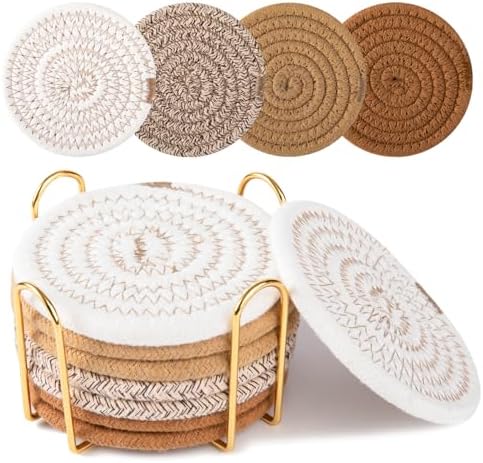 OIAHOMY 8 Pcs Coasters with Holder, Coasters for Drinks, Woven Co...