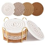 OIAHOMY 8 Pcs Coasters with Holder for Beer, Coffee, Woven Cotton Coaster Set for Table Decor for Kitchen, Bar, Dining Room, Living Room, Housewarming Gifts - Yellow
