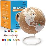 White Cork Globe with Push Pins - 9.4” Tall Globe with Map of the World and Rotating Stand for Children or Adults, 50 Metallic and 100 Colored Push Pins - World Map for Home, Office, Classroom, Travel, Kids