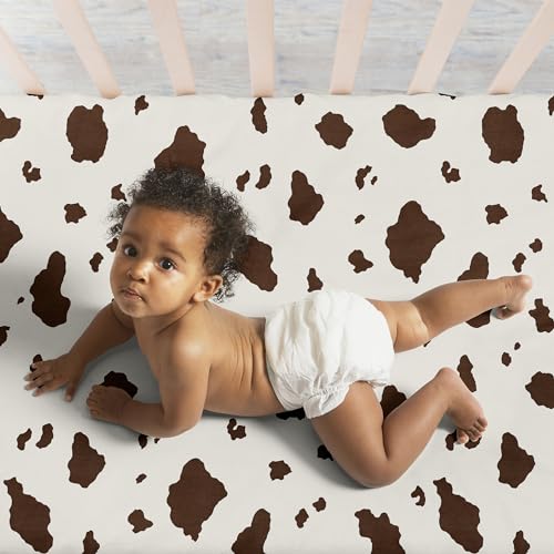 Image of Sweet Jojo Designs 3-Piece Baby Crib Sheets Set (Western Cowboy) for Boys, Infant Nursery, Toddler Room - Fitted, Standard Size (Horseshoe, Cow Print, Farm, Horse, Wild West, Country, Southern, Brown)