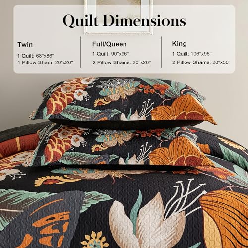 Image of Tyrot 3 Piece Black Boho Floral King Size Quilt Sets Reversible Farmhouse Botanical Lightweight Bedspread Coverlet with 2 Shams Butterfly Microfiber Bedding Quilts Set for All Season, 106''x96''