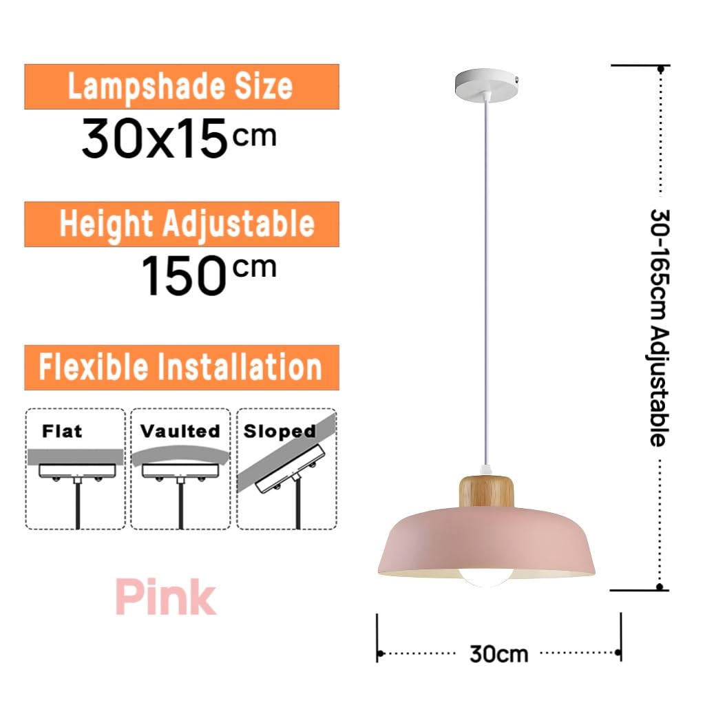 ⌀30cm Pendelleuchte Esstisch, Moderne Bunt Hängeleuchte aus Metall & Holz E27-Fassung, Höhenverstellbar Hängelampe für Küchen, Esszimmer, Schlafzimmer & Wohnzimmer (Rosa)