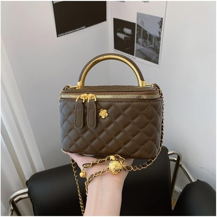 Quilted Leather Crossbody Bag with Chain Strap Women's Top Handle Bucket Square Box Bag for Women - Image 7