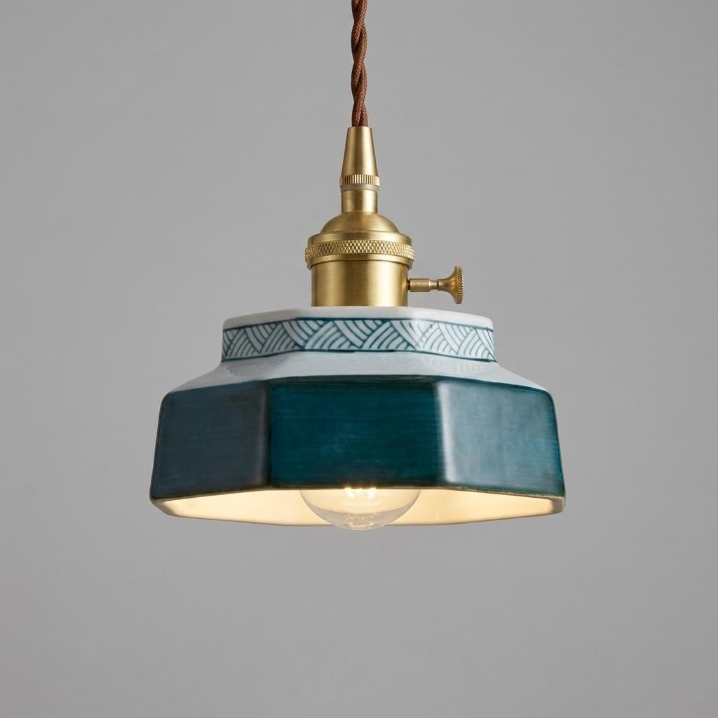 COSRUB Vintage Ceramic Pendant Light Fixture, Mini Octagonal Porcelain Hanging Lamp Mid Century Brass Accent Farmhouse Chandelier for Dining Room Bedroom Cafe(Blue)