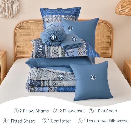 Image of Cottolester Boho Comforter Set Full Size,8 Pieces Blue and Grey Bohemian Striped Bed in a Bag,Paisley Soft Microfiber Bedding Comforter Set