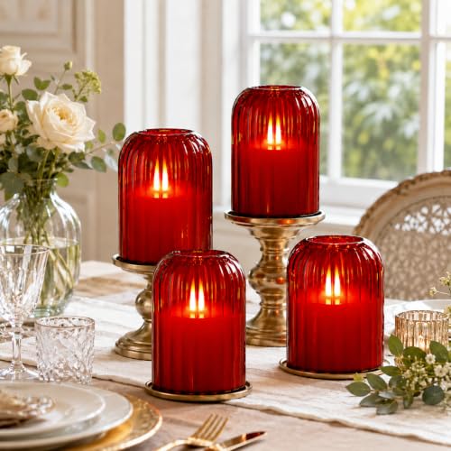 Image of Lezonic Red LED Flameless Candles, 4 Pcs Glass Battery Operated Pillar Candles with Remote, Dancing Flickering Flame Real Wax, Home Decor for Wedding, Halloween, Christmas, & Holiday Table Centerpiece