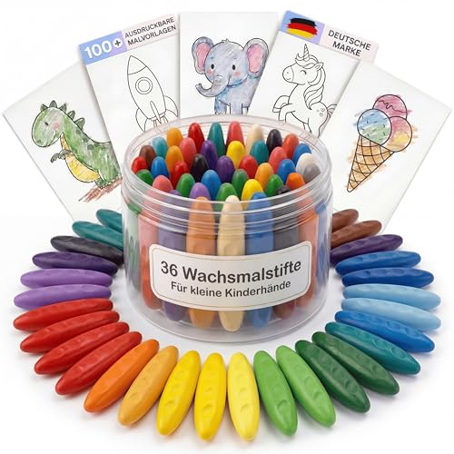 Valy&Oli® 36 Wachsmalstifte ab 1 Jahr - [inkl. Malvorlagen] - bruchfest & ergonomisch