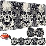 大型ゲーミングテーブルパッド 31.5インチ x 11.8インチ + キーボードリストパッド + マウスリストパッド + コースター ノンスリップベース 4イン1セット、人間工学に基づいたメモリーフォーム、タイピングの痛みの緩和、スマイリースカル。