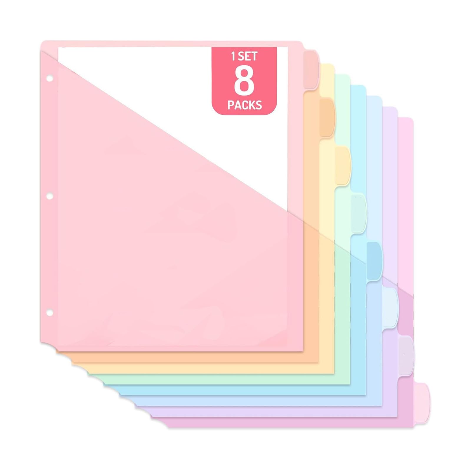 8 Pack Pastel Tab Divider Page Protectors 3 Hole Punch A4，Multicolour-8pcs