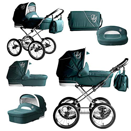 Bebebi Loving | 3 in 1 Kombi Kinderwagen Set | Nostalgie Kinderwagen | Farbe: Green Ardent