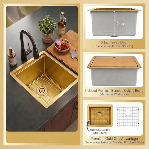 Image of LQS Gold Undermount Bar Sink, Gold Wet Bar Sink and Deep Kitchen Sink 15 inch x 17 inch RV Sink, 16 Gauge Stainless Steel Kitchen Sink with Brushed Finish For RV, Laundry, Outdoor and Prep Use, 10 inch Depth