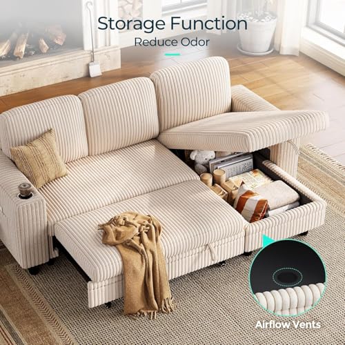 Image of LINSY HOME Sectional Sleeper Sofa Pull Out Couches for Living Room (Beige, Sleeper Sofa 1) | Pull Out Sofa Bed, Storage, USB Charging, Cup Holders, Plush Corduroy