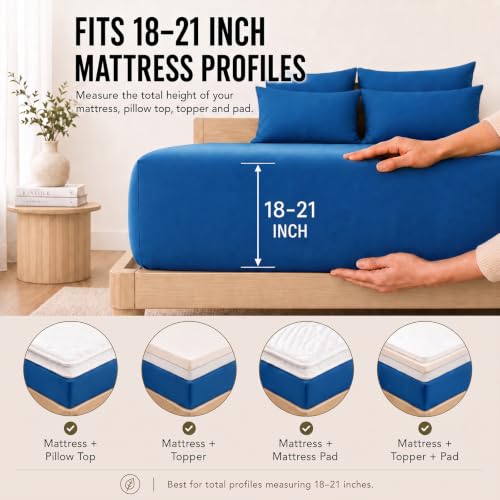 Image of CozyLux 6-Piece King Size Sheet Set, Fits 18-21 Inch Mattresses, Oeko-TEX | 4 Pillowcases, 1 Flat Sheet and 1 Fitted Sheet with All-Around Elastic and 21-Inch Deep Pocket for a Secure Fit, Classic Blue