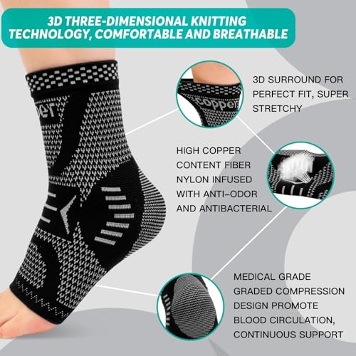 Image of INDEEMAX Ankle Brace for Sprained Ankle Compression Sleeve, Copper Infused Ankle Support Brace for Women & Men, Plantar Fasciitis Relief Achilles Tendonitis, Sports Running, Silver Black, XL