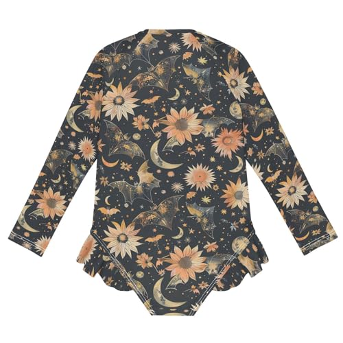CaTaKu Girls One Piece Swimsuit Halloween Bat Sunflower Toddler Bathing Suit Long Sleeve UPF 50+ Rash Guard Swimwear 3-12Y2