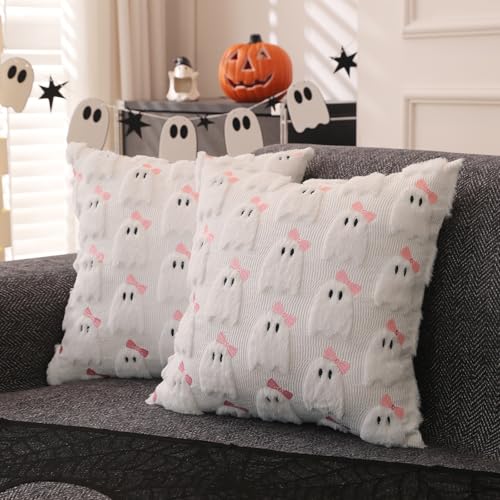 Juego de 2 fundas de almohada de Halloween de 18 x 18 pulgadas para decoraciones de Halloween, lindo fantasma bordado, de piel sintética blanca, fundas de cojín para sofá, sala de estar, sofá, cama
