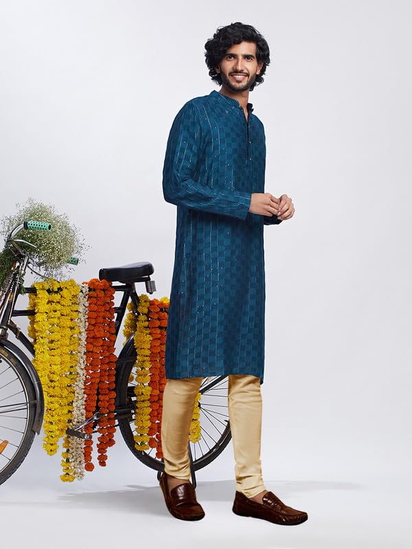 Image of KISAH Men's Kurta Churidar Set, Turquoise Blue Pure Cotton, Embroidered Regular Fit Mandarin Collar Long Sleeves (XL)