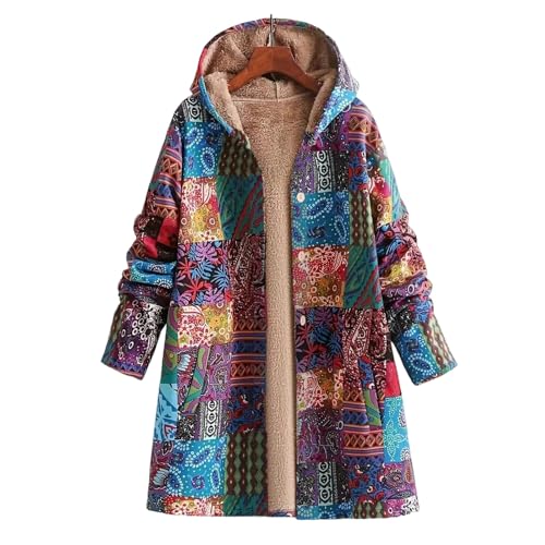 Fleece Jackets for Women 2025 Vintage Ethnic Style Sherpa Lined Coats Winter Warm Button Up Patchwork Hooded Jacket2