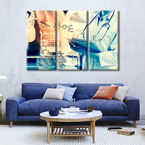 Image of Young Scientist Canvas Paintings Wall Art Home Decor Scientist Writing Report with Equipment and Science Experiments Artwork Home Decor 3 Pieces Posters and Prints Framed Ready to Hang (42 inchWx28 inchH)
