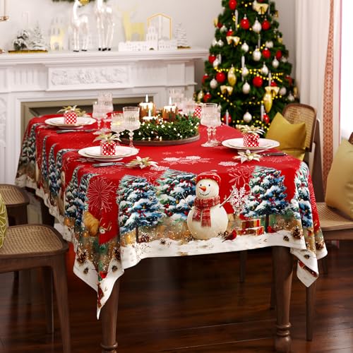 Christmas Tablecloth Rectangle 60x84 Inch, Red Snowman & Pine Tree Table Cloth, Winter Snow Scene Holiday Rectangular Table Cover, Waterproof and Washable Xmas Dining Room Decoration – Image 3