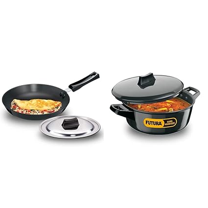 Hawkins - L11 Futura Hard Anodised Frying Pan with Steel Lid, 25cm and Futura Hard Anodised Cook N Serve Bowl, 3 litres