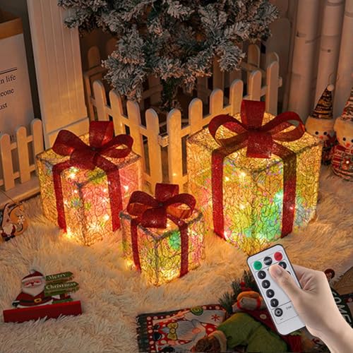 Juego de 3 Cajas de Regalo LED para Navidad, Caja de Regalo Decorativa LED