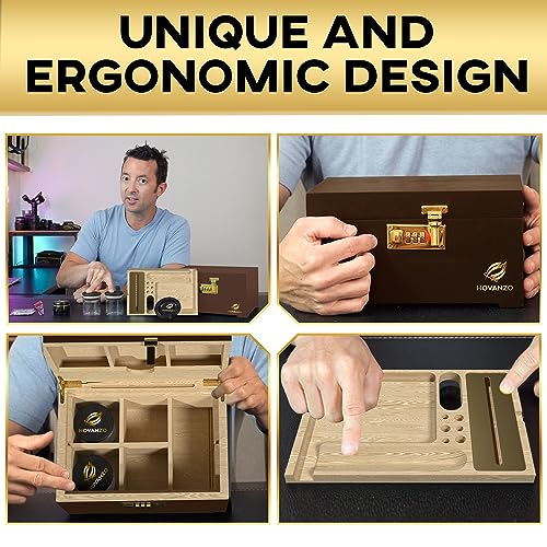 Image of HOVANZO Premium Large Bamboo Storage Box with Organizer Tray - Storage Wood Box and Accessories - Decorative Box with Combination Lock - Large Wooden Container - Box Kit with Glass Jars