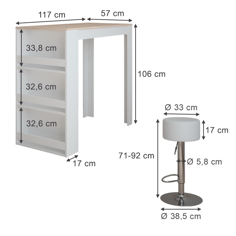 Vicco Set de Table de Bar Repose, Blanc/Sonoma, 57x117cm avec 2 tabourets de Bar, utilisable comme Table Haute pour la Cuisine ou la Salle à Manger