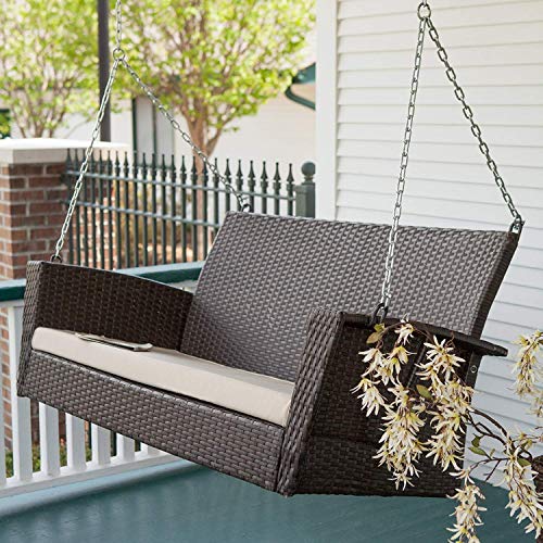 Image of Carry Bird Rattan Wicker Two Seater Swings with Cushion, Brown, 120x60x60 cm, Garden Porch Hammock for Adults (Beige, 2 Seater Prouch Swing, Leather Brown Prouch Swing)