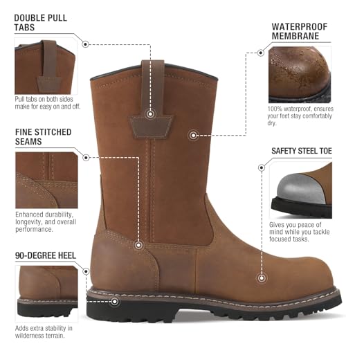 Image of HISEA NINGO Steel Toe Work Boots for Men, Waterproof Wellington Boots | Full-Grain Leather Steel Toe Boots Slip-on, Goodyear Welt, Slip Resistant, EH Protection, for Construction Farming Welding