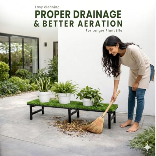 Image of IRON LANDS Metal Pot Stand with Green Grass Mat 72x22x20 Cm | Rust-Proof Matte Powder-Coated for Big Size Plants | Supports Up to 300 Kg| Ideal for Garden Balcony, Outdoor and Indoor Plant Display