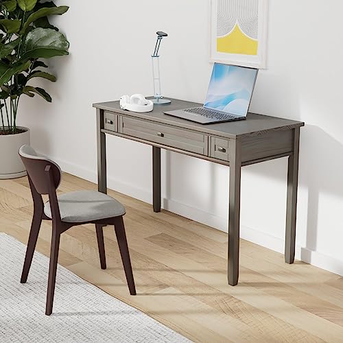 Image of SIMPLIHOME Warm Shaker Desk - 48 Inch Wide Solid Wood Writing Desk in Distressed Grey, Transitional Home Office Computer Table for Workspace or Study with Flip-Down Keyboard Tray and 2 Drawers