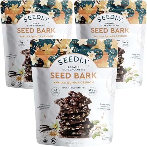SEEDLY Organic 70% Dark Chocolate Snacking Bark with 20g Protein, 50% less sugar - Vanilla Quinoa Crunch - Keto, Vegan Snacks, Gluten-Free, Low Carb, Paleo, Non-GMO, Stevia-Free, No Weird Additives, 3.6oz (Pack of 3)
