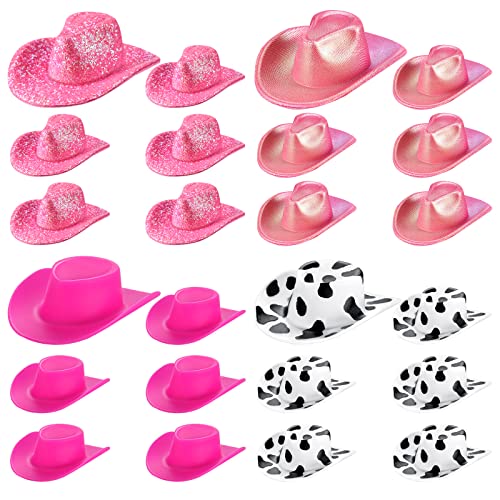 24 Pcs Mini Neon Space Cowgirl Hat Cute Disco Cowboy Doll Hat Holographic Cowboy Dollhouse Decoration for Cowgirl Party (Cow Print)