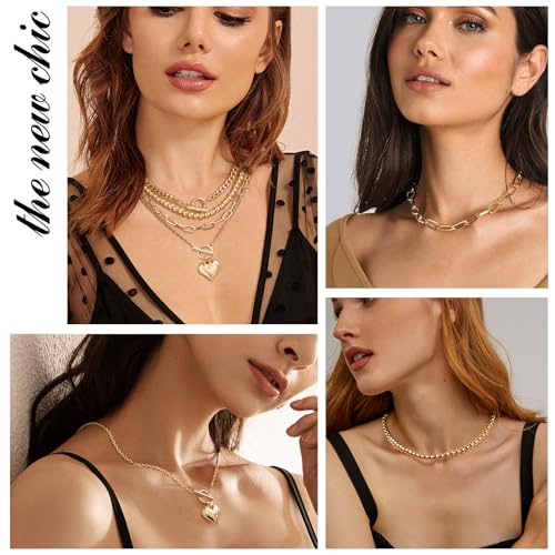 MJartoria Layered Gold Necklaces Stack for Women, Chunky Gold Necklace Dainty Pearl Necklace Starfish Shell Beaded Choker Necklaces Beach Jewelry Gifts3