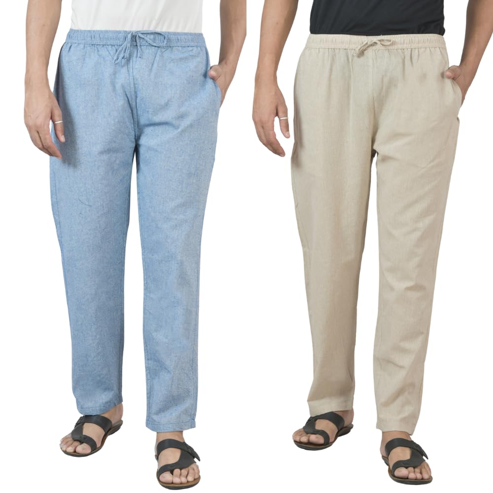 qashida Men's Cotton Handloom Pants – Combo of 2 – Comfortable Everyday Bottom Wear, Denim and Beige-picture-24