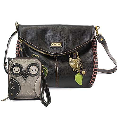 Chala Charming Crossbody Bag Shoulder Handbag With Flap Top and Zipper Black/Dark Brown (Black_ Owl Combo)