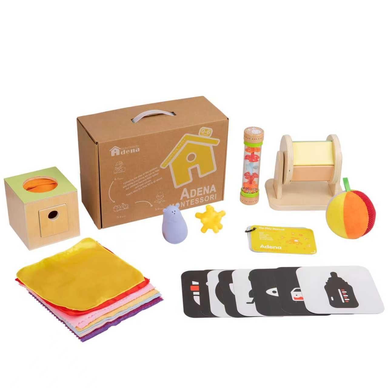 Adena Montessori Kit de Juego para bebés de 0 a 6 Meses, Kit de Aprendizaje 9 en 1 Que Incluye Tarjeta en Blanco y Negro, sonajero Rainmake de Lluvia, Bola sensorial, Tambores de Boca Abajo, Caja de